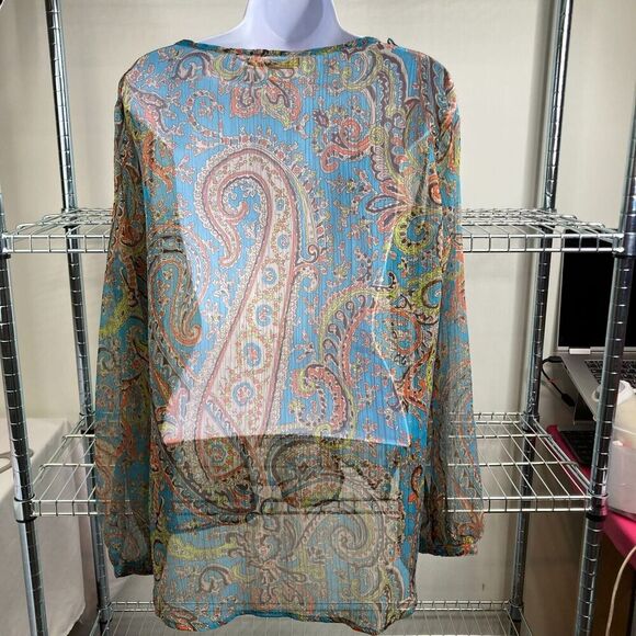 TravelSmith Women’s Turquoise Paisley Flowy Boho Artsy Airy Ruffled Top Size 1X - Picture 10 of 13
